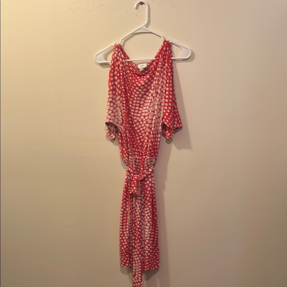 ECI Red and White Wrap Sundress with Cold Shoulder